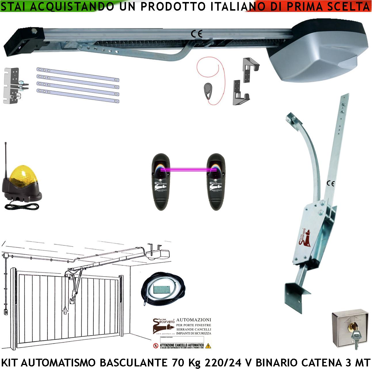 foto del prodotto kit automazione motore 220/24 v da soffitto per porta basculante 70 kg faro antenna selettore binario alluminio catena acciaio 3 metri cordino per sblocco pattino. archetto oscillante luce di cortesia