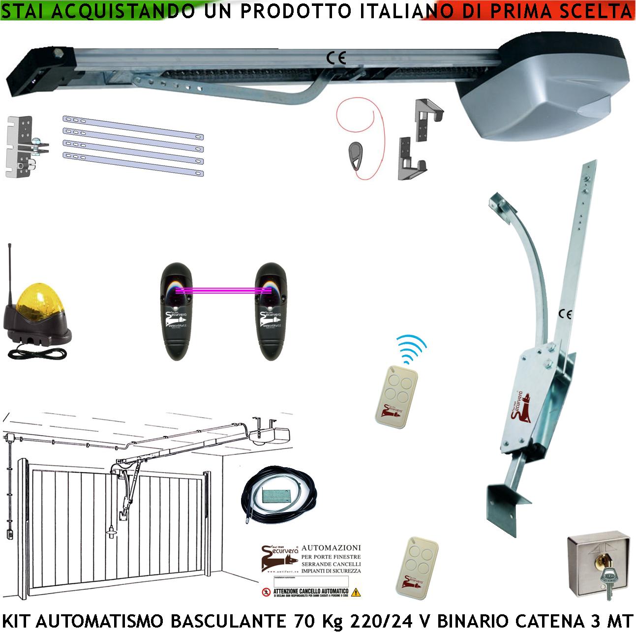 foto del prodotto kit automazione motore 220/24 v da soffitto per porta basculante 70 kg faro antenna selettore binario alluminio catena acciaio 3 metri cordino sblocco pattino 2 radiocomandi archetto luce di cortesia