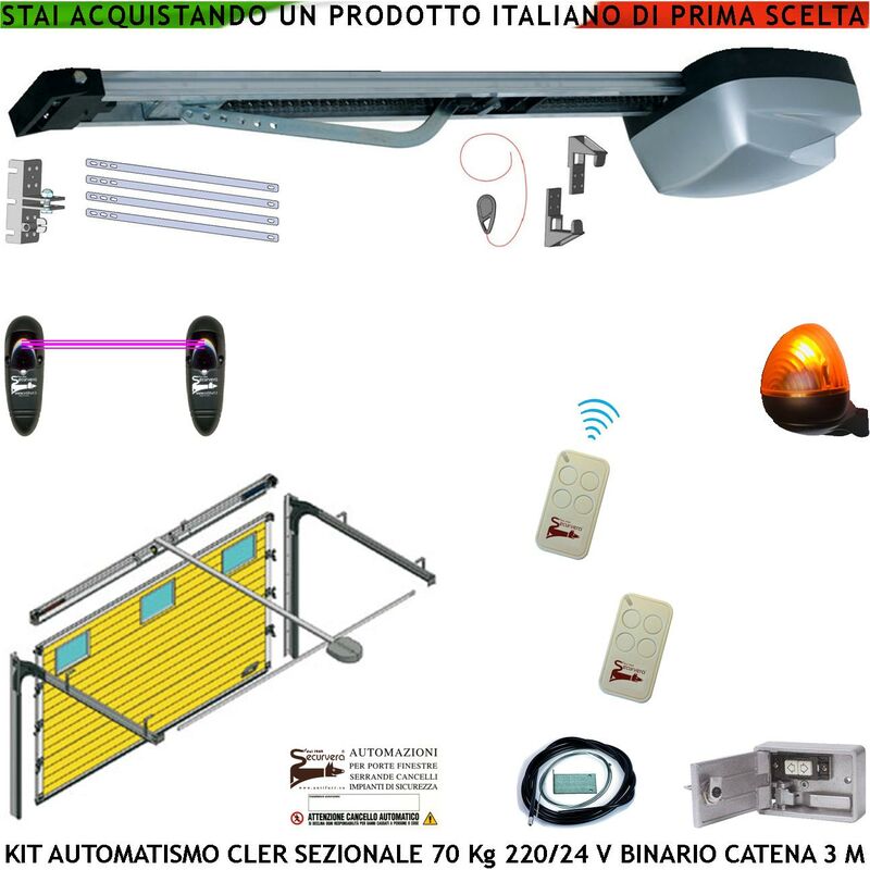 foto del prodotto kit automazione x porta sezionale 70 kg da soffitto 220 24 v 2 radiocomandi fotocellule faro a led binario alluminio 3 mt catena 5,5 mt sistema