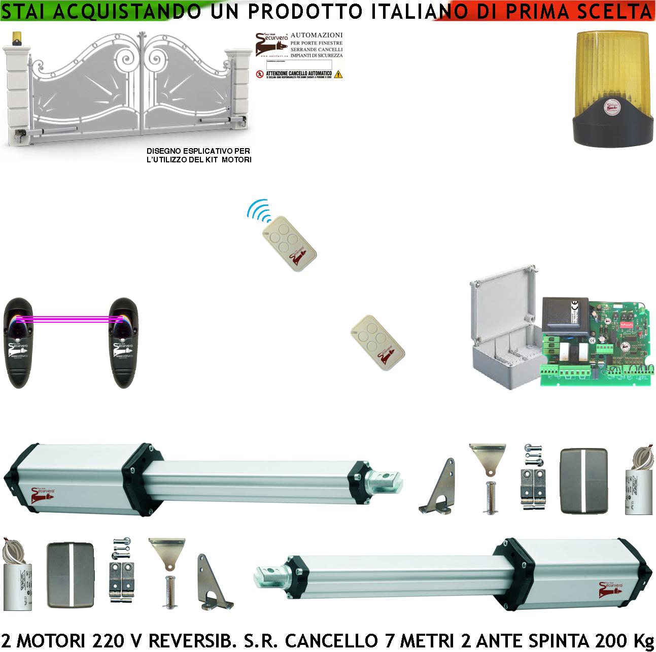foto del prodotto kit base apricancello ricambio per cancello da 7 metri 2 ante da 3,5 metri 2 motori lineari 230 v stelo retrattile reversibile corsa 600 mm spinta 250 kg centrale fotocellule 2 radiocomandi faro
