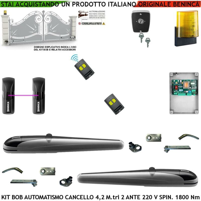 foto del prodotto kit bob automatismo cancello 4,2 metri 2 ante motori elettromeccanici 230 v corsa 325 mm spinta 1800 nm sblocco a chive 2 radiocomandi coppia