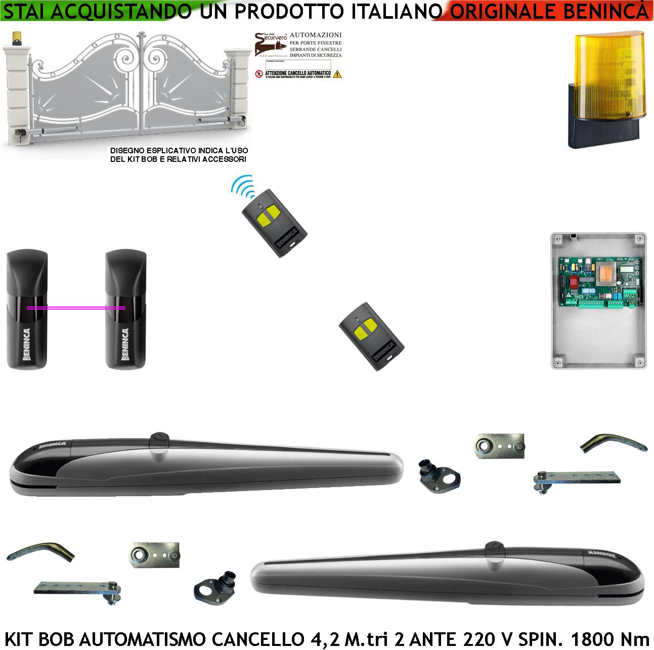 foto del prodotto kit bob automatismo cancello 4,2 metri 2 ante motori elettromeccanici 230 v corsa 325 mm spinta 1800 nm sblocco a chive staffe fissaggio 2 radiocomandi coppia fotocellule lampeggiante led con antenna