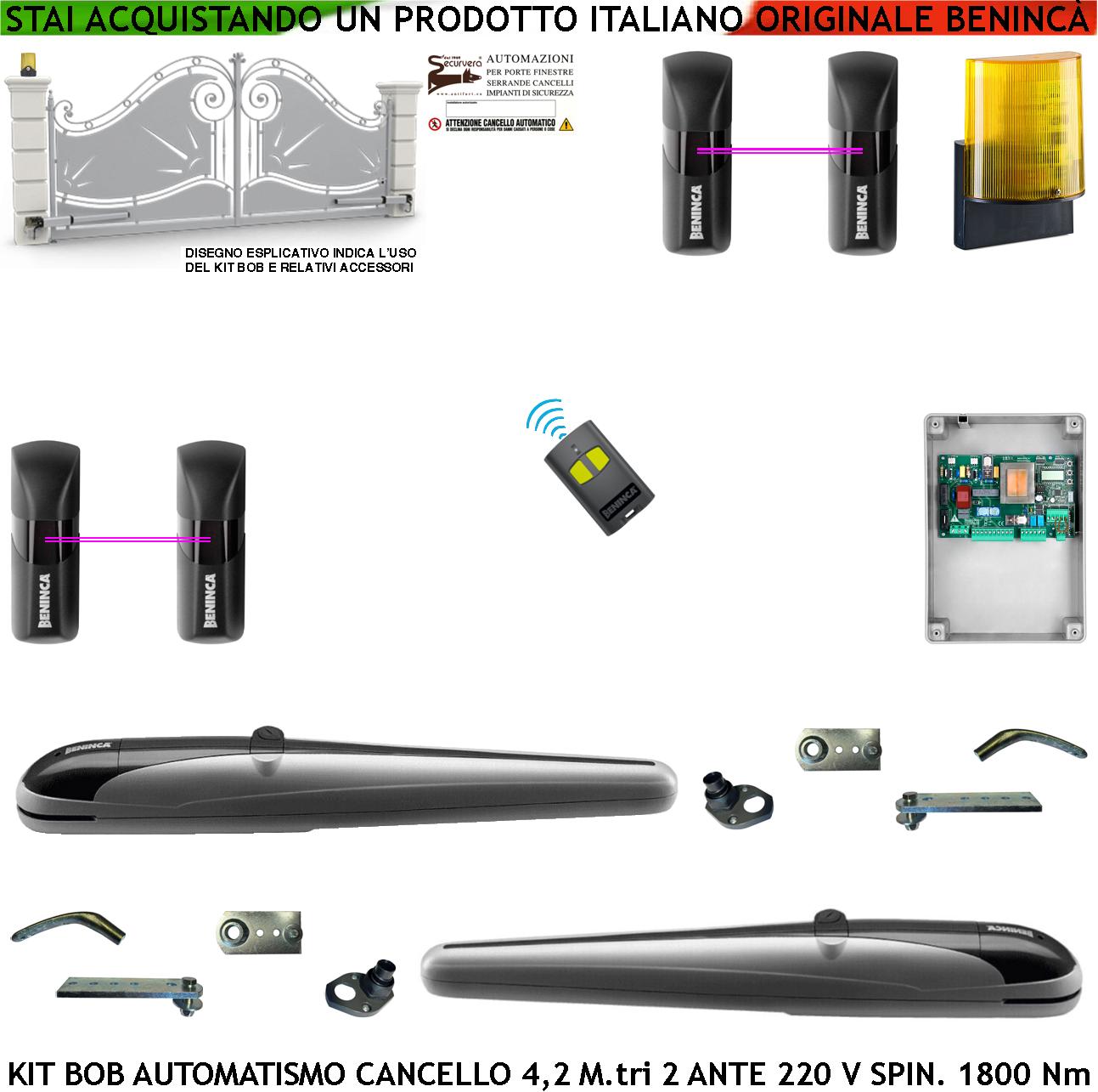 foto del prodotto kit bob automatismo cancello 4,2 metri 2 ante motori elettromeccanici 230 v corsa 325 mm spinta 1800 nm sblocco a chive staffe fissaggio radiocomandi 2 coppie fotocellule lampeggiante led con antenna
