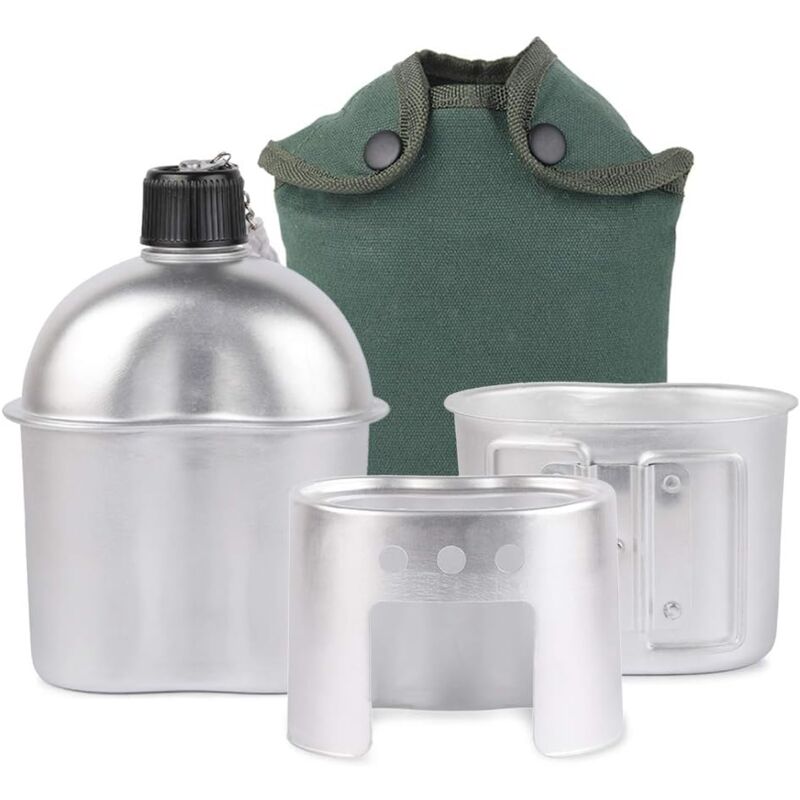 foto del prodotto kit borraccia, set di pentole in alluminio da 3 pezzi, set di tazze da borraccia militari, set di fornelli a legna con copertura per campeggio,