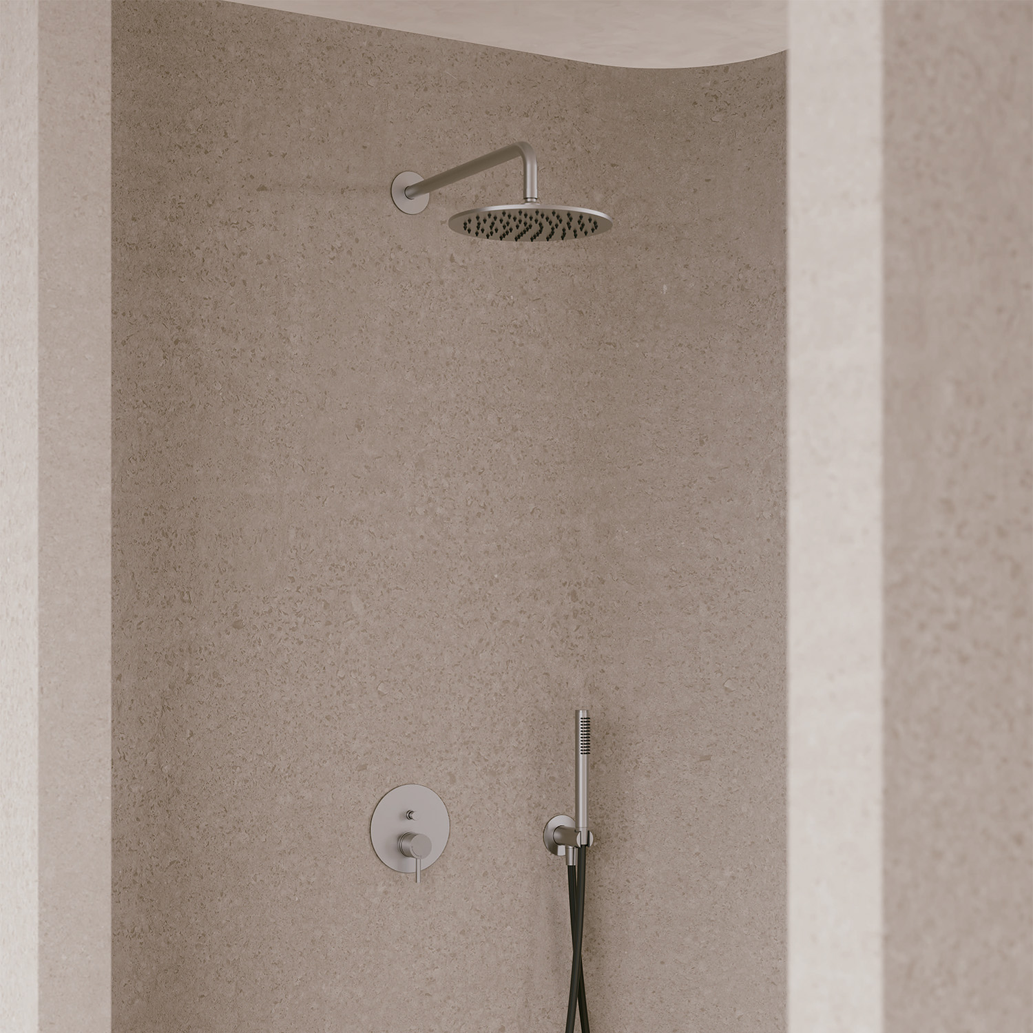 foto del prodotto kit braccio soffione inox 25cm parete cm 12x25x40 sined kit parete soffione levante 25 inox
