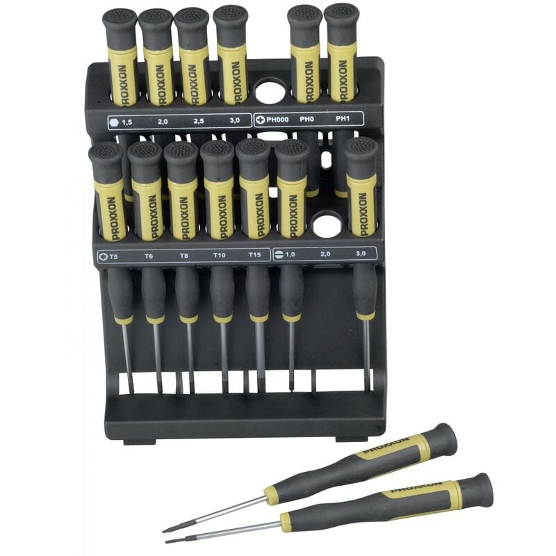 foto del prodotto kit cacciaviti elettronica e meccanica di precisione 15 parti proxxon micromot micro taglio, croce phillips, esalobo in