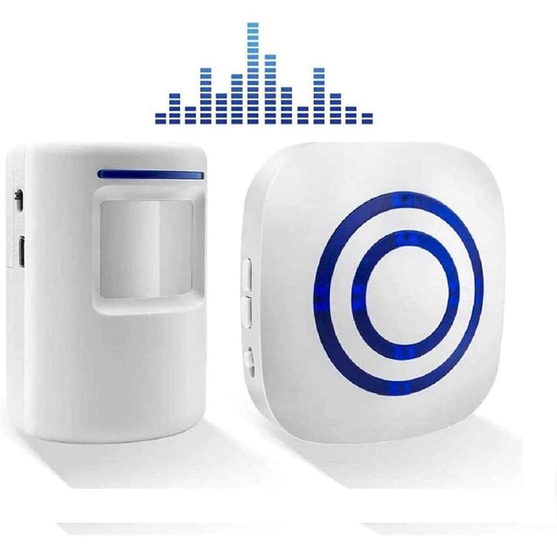 foto del prodotto kit campanello elettrico senza fili con 1 ricevitore e 1 sensore di movimento pir, allarme di sicurezza per visitatori con 38 melodie a 3 livelli di