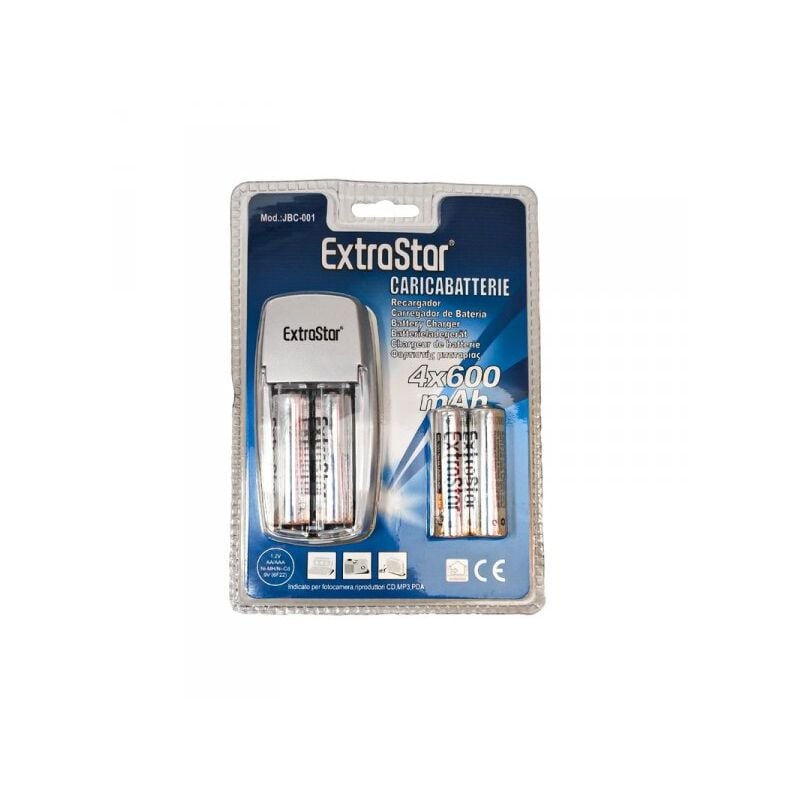 foto del prodotto kit caricabatterie caricatore con 4 pile stilo aa ricaricabile ni cd ni mh 600mah presa eu da rete casa 220v