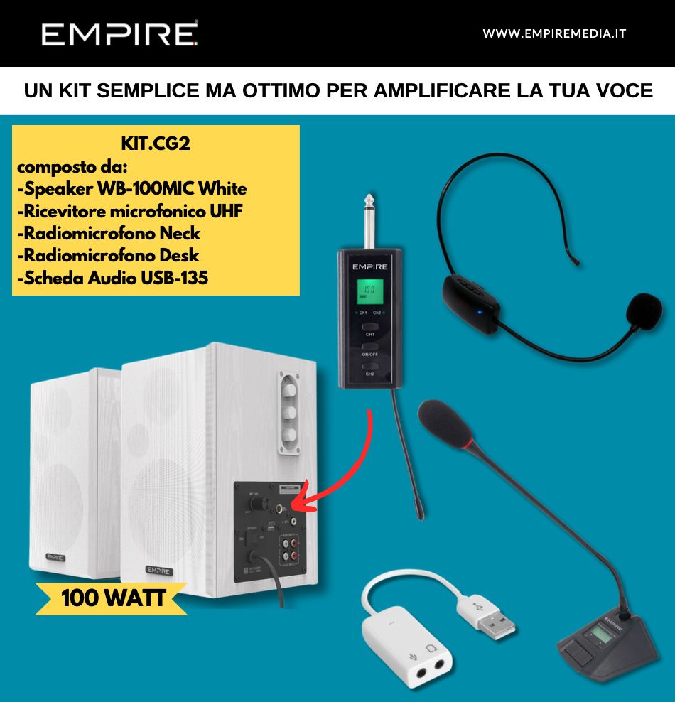 foto del prodotto kit casse 100w 2 radiomicrofoni scheda audio usb
