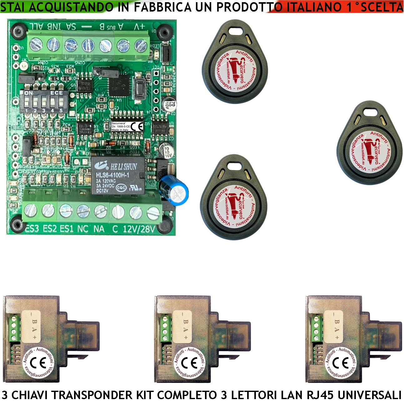 foto del prodotto kit chiave di prossimità 3 chiavi tag trasponder 3 lettori su modulo lan universale 501/503 rj45 alimentazione 12/24 vac relè scambio 2 a 24 v funzione impulsiva o stabile segnale di stato 4 led grvb