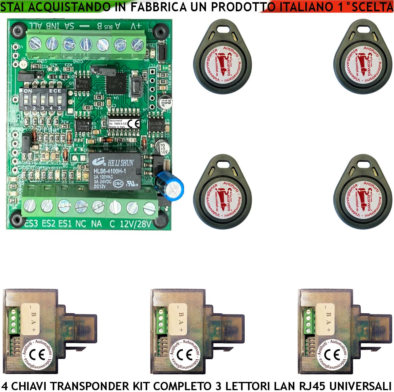 foto del prodotto kit chiave di prossimità 4 chiavi tag trasponder 3 lettori su modulo lan universale 501 503 rj45 alimentazione 12 24 vac relè scambio 2 a 24 v funzione impulsiva o stabile segnale di stato 4 led grvb