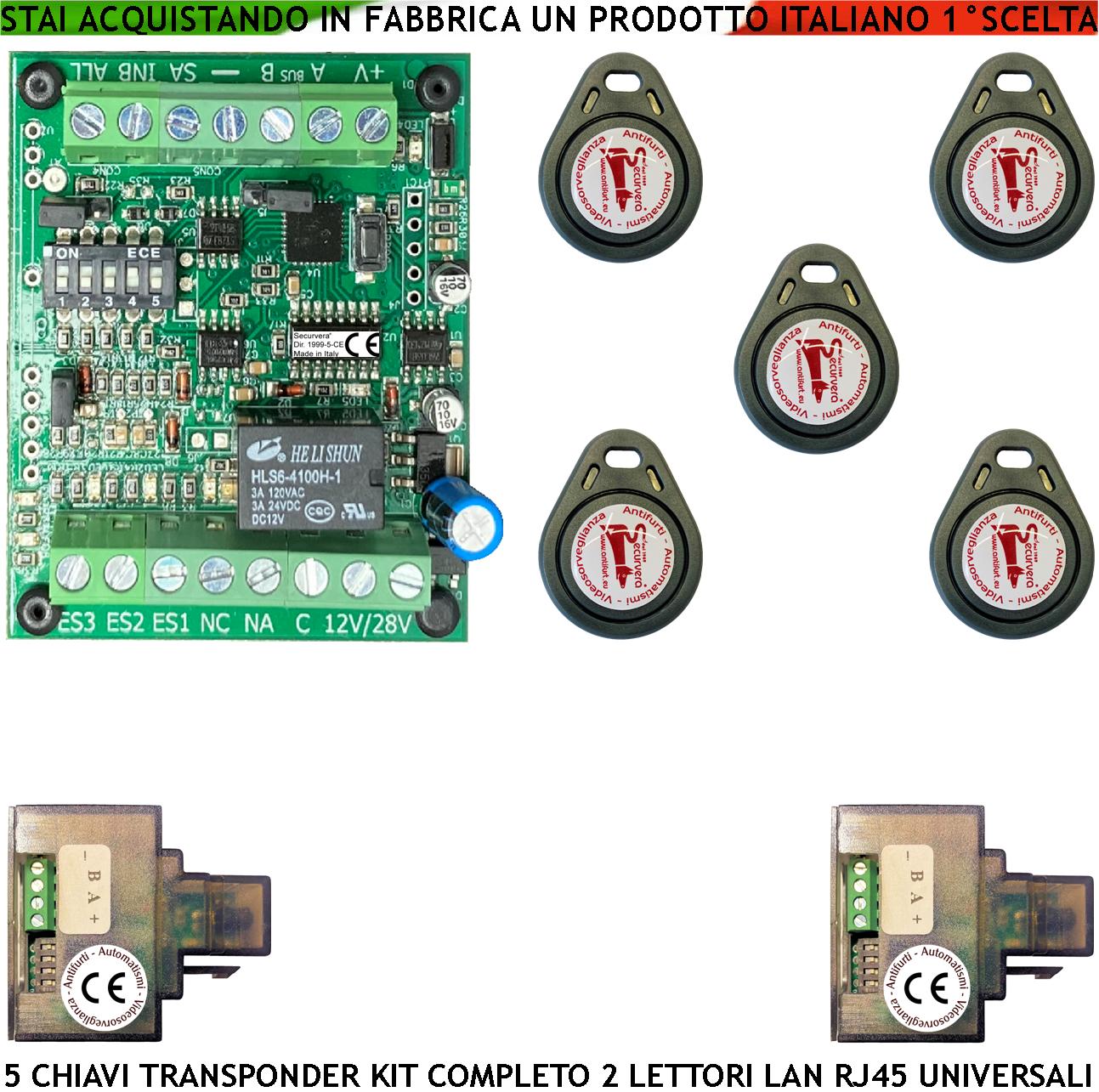 foto del prodotto kit chiave di prossimità 5 chiavi tag trasponder 2 lettori su modulo lan universale 501/503 rj45 alimentazione 12/24 vac relè scambio 2 a 24 v funzione impulsiva o stabile segnale di stato 4 led grvb