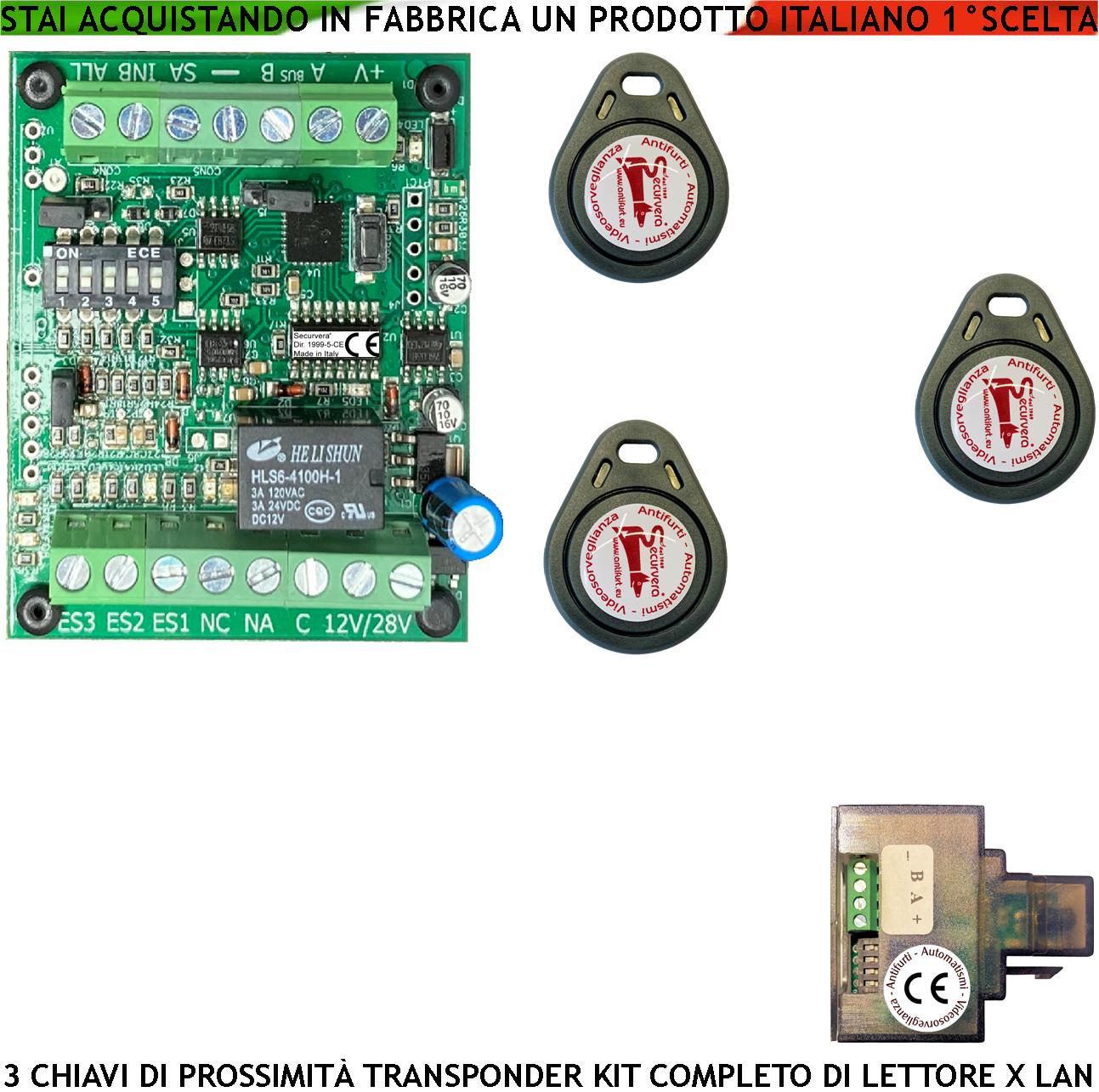 foto del prodotto kit chiave elettronica di prossimità 3 trasponder lettore modulo lan universale 501 rj45 alimentazione 12 24 vac relè contatto c.nc.na 2 a 24 v funzione impulsiva o stabile segnale di stato 4 led grvb