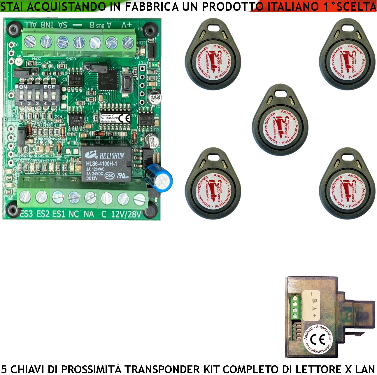 foto del prodotto kit chiave elettronica di prossimità 5 trasponder lettore modulo lan universale 501 rj45 alimentazione 12 24 vac relè contatto c.nc.na 2 a 24 v funzione impulsiva o stabile segnale di stato 4 led grvb