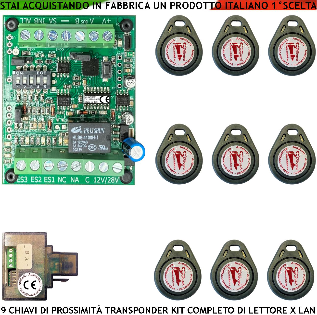 foto del prodotto kit chiave elettronica di prossimità 9 trasponder lettore modulo lan universale 501 rj45 alimentazione 12/24 vac relè contatto c.nc.na 2 a 24 v funzione impulsiva o stabile segnale di stato 4 led grvb