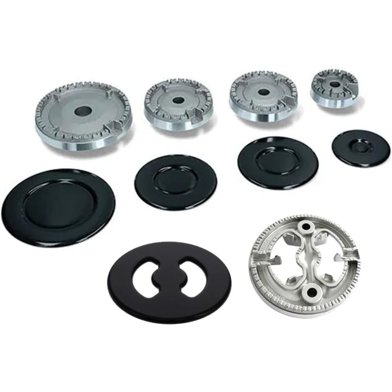 foto del prodotto kit completo bruciatori piattelli spartifiamma, piano cottura 5 fuochi con tripla corona, ariston indesit hotpoint nardi, colore nero smaltato lucido