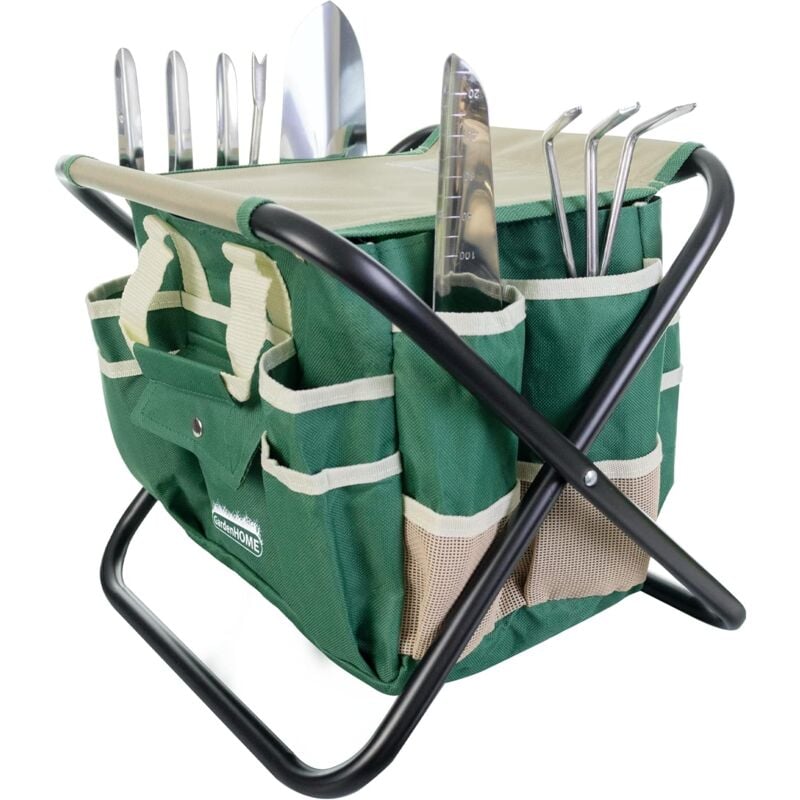 foto del prodotto kit completo di attrezzi da giardino 7 pezzi, acciaio inossidabile resistente, sgabello pieghevole solido, borsa portautensili staccabile