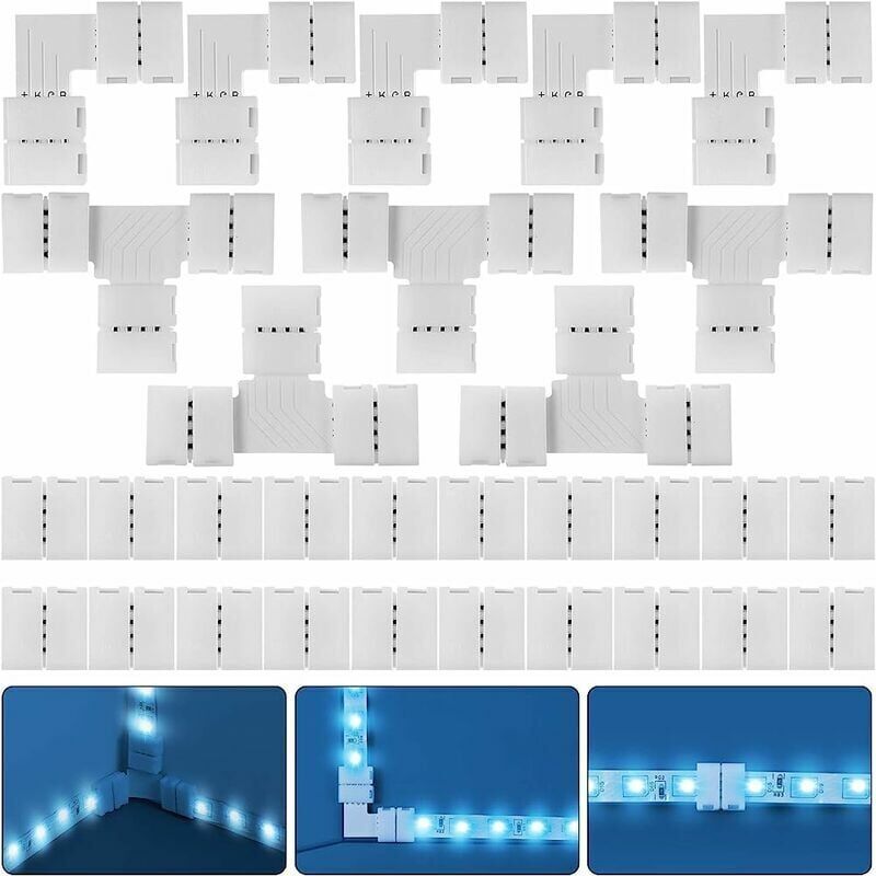 foto del prodotto kit completo di connettori per strisce led rgb da 30 pezzi, adattatore di estensione senza saldatura a 4 pin da 10 mm compatibile con strisce led smd