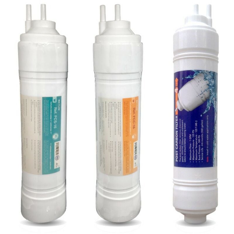 foto del prodotto kit completo di sostituzione di 3 filtri ad osmosi inversa a doppio spigot ad innesto rapido tipo u