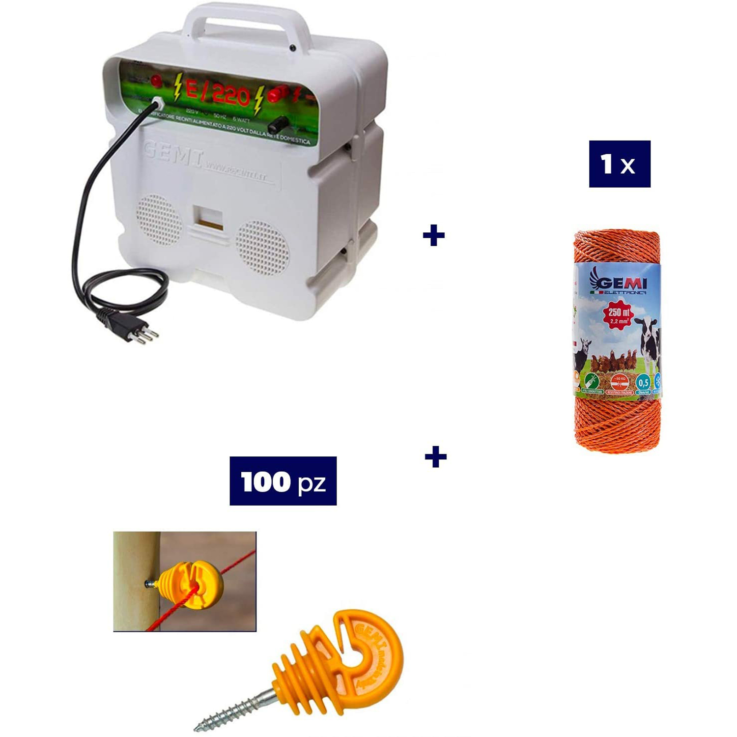 foto del prodotto kit completo per recinto elettrico - 1 xelettrificatore 220v + 1x filo 250 mt 2 mm² + 100pz isolatori per pali in legno