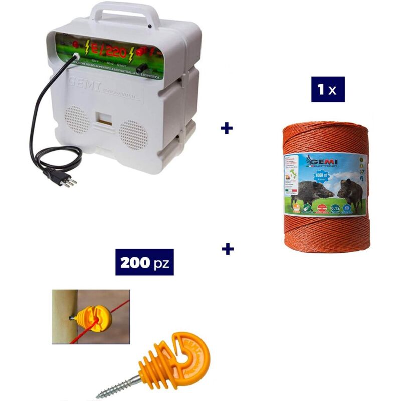 foto del prodotto kit completo per recinto elettrico con 1 x elettrificatore 220v 1 x filo 1000 mt 6 mm 200 pezzi isolatori per paletti in legno rete elettrica