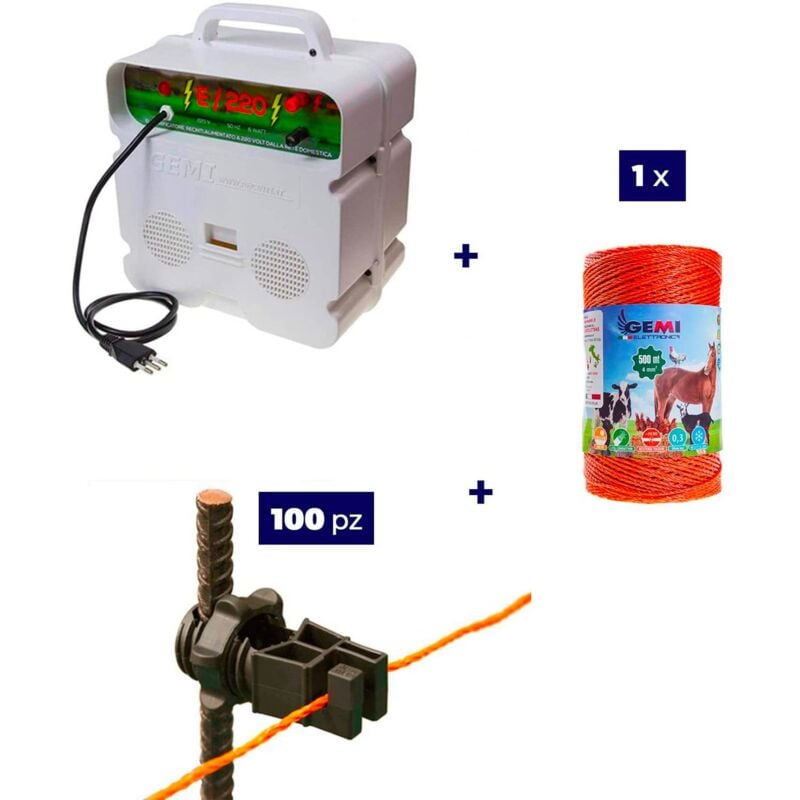 foto del prodotto kit completo per recinto elettrico con 1 x elettrificatore 220v 1 x filo 500 mt 4 mm 100 pezzi isolatori per paletti in ferro recinzione