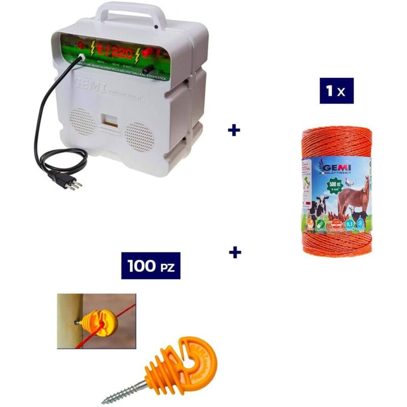 foto del prodotto kit completo per recinto elettrico con 1 x elettrificatore 220v 1 x filo 500 mt 4 mm 100 pezzi isolatori per paletti in legno recinzione