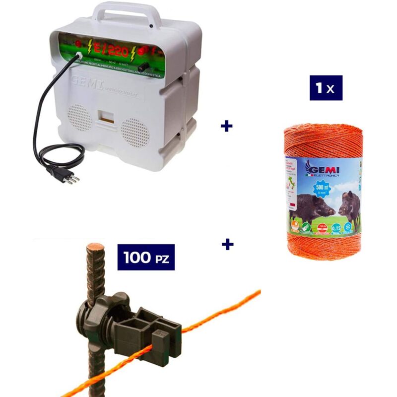 foto del prodotto kit completo per recinto elettrico con 1 x elettrificatore 220v 1 x filo 500 mt 6 mm 100 pz isolatori per paletti in ferro recinzione