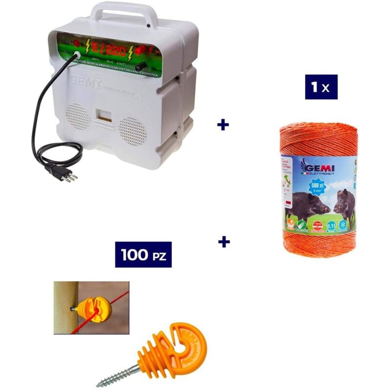 foto del prodotto kit completo per recinto elettrico con 1 x elettrificatore 220v 1 x filo 500 mt 6 mm 100 pz isolatori per paletti in legno recinzione