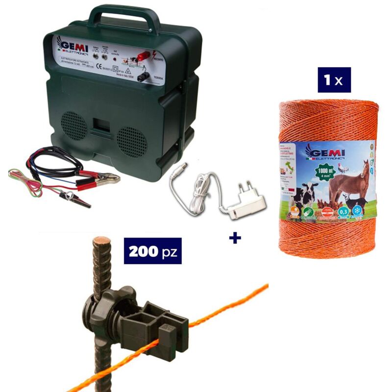 foto del prodotto kit completo per recinto elettrico con 1 x elettrificatore b12 a doppia alimentazione 12 v 220 v 1 x filo 1000 mt 4 mm 200 pezzi isolatori per
