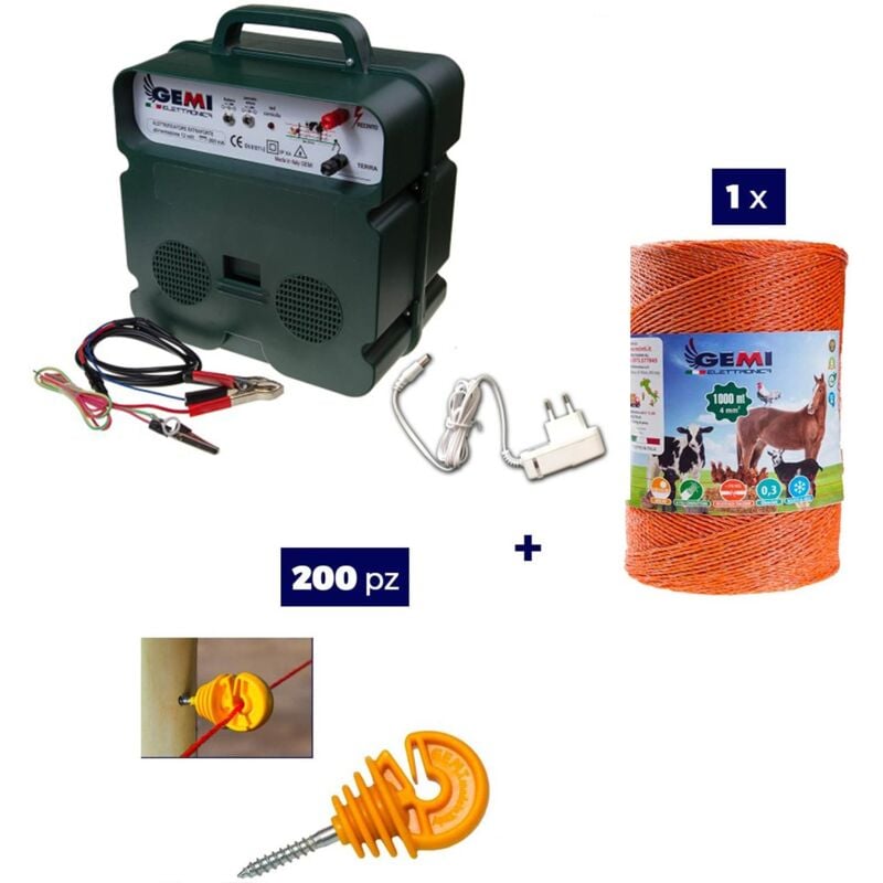foto del prodotto kit completo per recinto elettrico con 1 x elettrificatore b12 a doppia alimentazione 12 v 220 v 1 x filo 1000 mt 4 mm 200 pezzi isolatori per