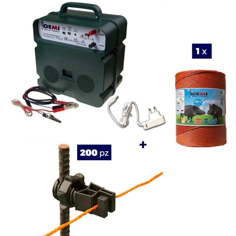 foto del prodotto kit completo per recinto elettrico con 1 x elettrificatore b12 a doppia alimentazione 12 v 220 v 1 x filo 1000 mt 6 mm 200 pezzi isolatori per