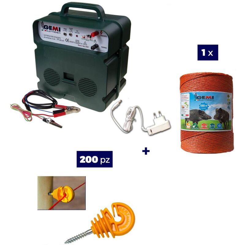 foto del prodotto kit completo per recinto elettrico con 1 x elettrificatore b12 a doppia alimentazione 12 v 220 v 1 x filo 1000 mt 6 mm 200 pezzi isolatori per