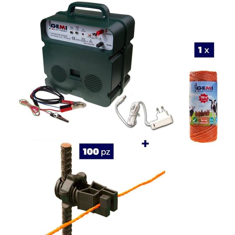 foto del prodotto kit completo per recinto elettrico con 1 x elettrificatore b12 a doppia alimentazione 12 v 220 v 1 x filo 250 mt 2.2 mm 100 pezzi isolatori