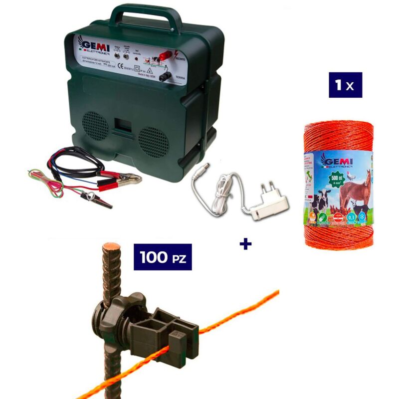 foto del prodotto kit completo per recinto elettrico con 1 x elettrificatore b12 a doppia alimentazione 12 v 220 v 1 x filo 500 mt 4 mm 100 pezzi isolatori per