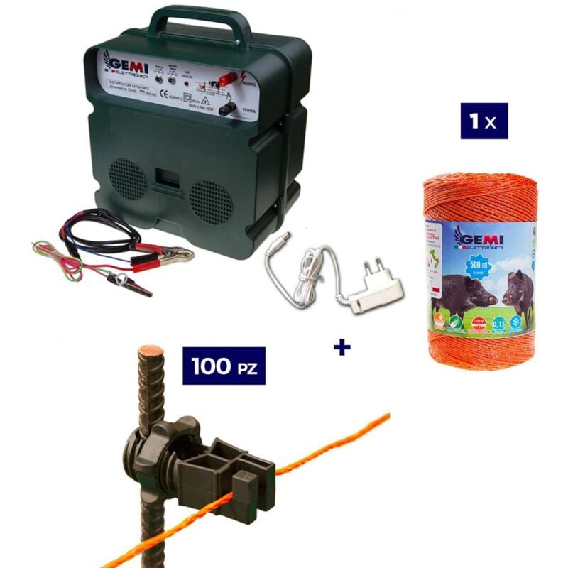 foto del prodotto kit completo per recinto elettrico con 1 x elettrificatore b12 a doppia alimentazione 12 v 220 v 1 x filo 500 mt 6 mm 100 pezzi isolatori per