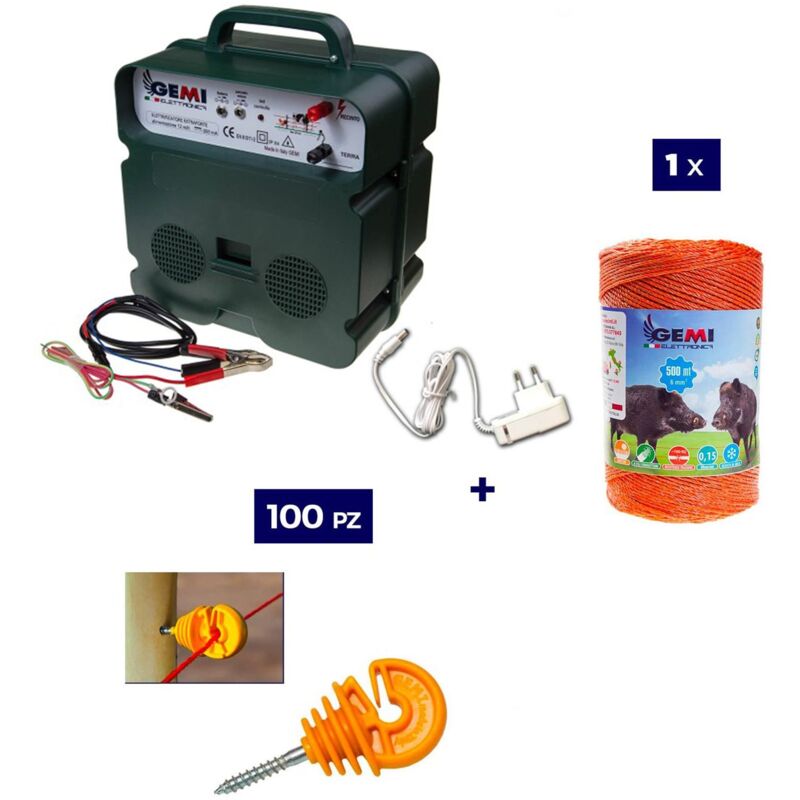 foto del prodotto kit completo per recinto elettrico con 1 x elettrificatore b12 a doppia alimentazione 12 v 220 v 1 x filo 500 mt 6 mm 100 pezzi isolatori per