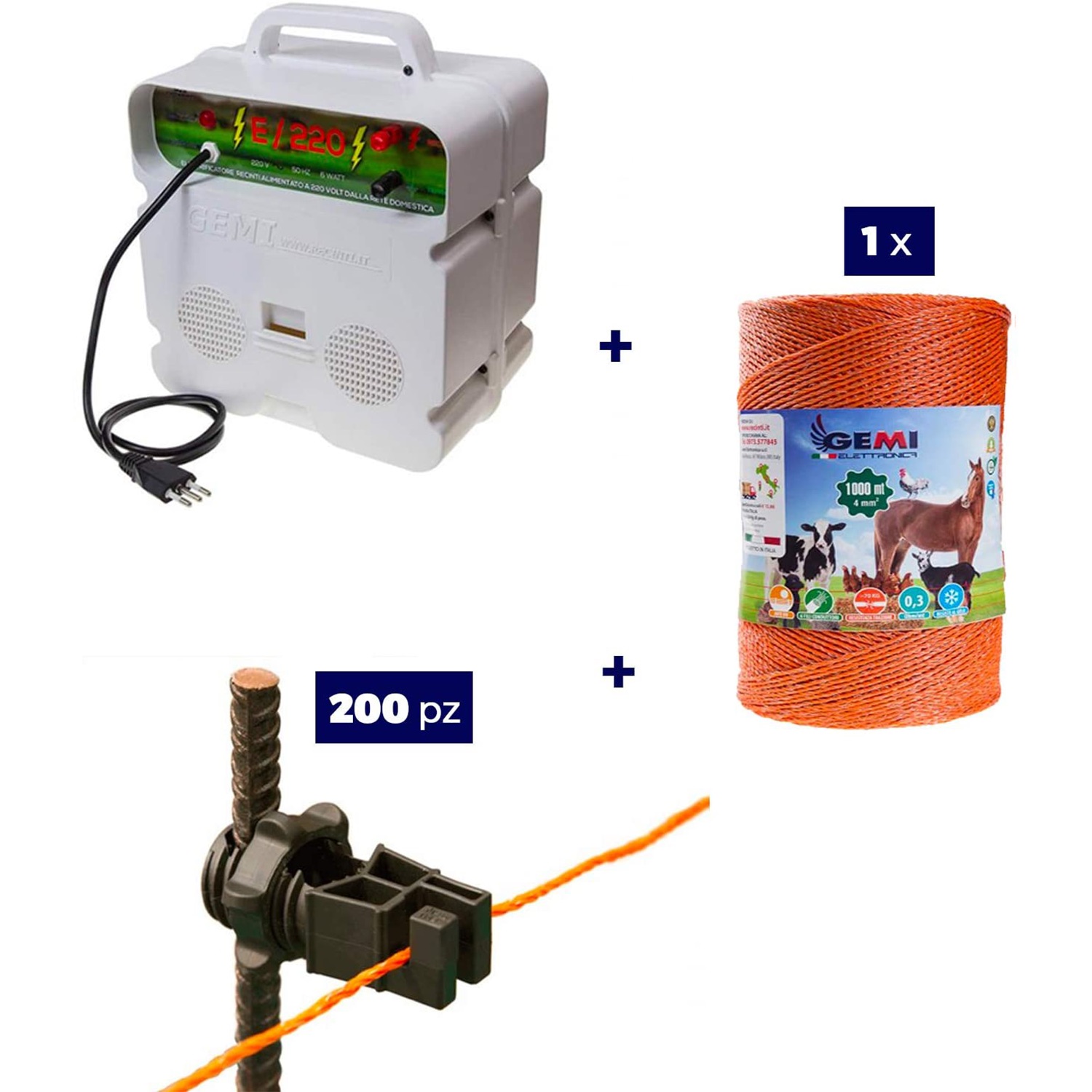 foto del prodotto kit completo per recinto elettrico con 1x elettrificatore 220v 1x filo 1000 mt 4 mm 200pzi isolatori per pali ferro