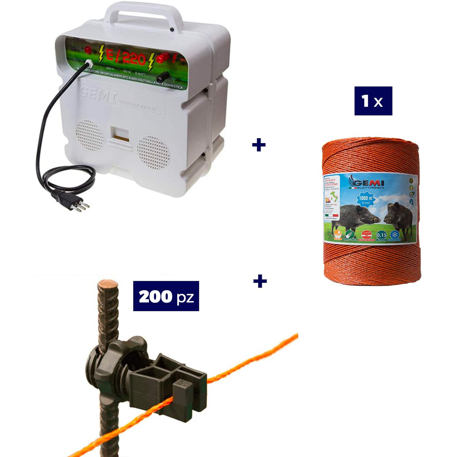 foto del prodotto kit completo per recinto elettrico con 1x elettrificatore 220v 1x filo 1000 mt 6 mm 200 pz isolatori per pali ferro