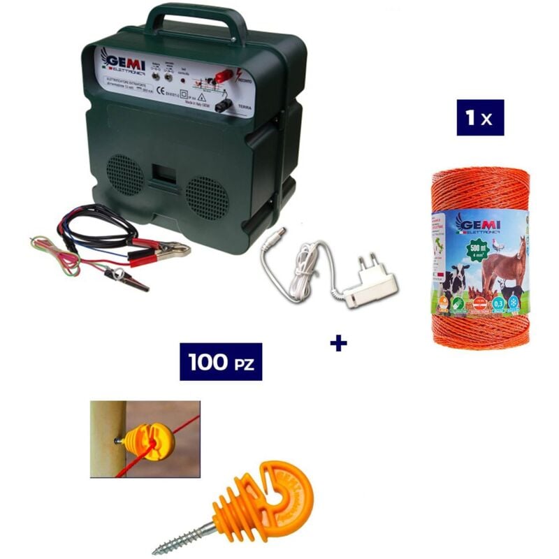 foto del prodotto kit completo per recinto elettrico con elettrificatore 12 v 220 v a doppia alimentazione filo 500 mt 4 mm 100 pezzi isolatori per pali in