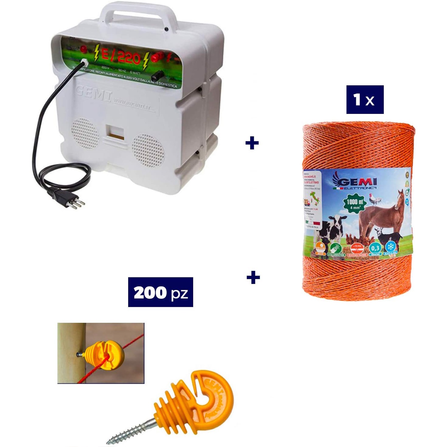 foto del prodotto kit completo recinto elettrico con 1 x elettrificatore 220v 1 x filo 1000 mt 4 mm 200pz isolatori per pali legno