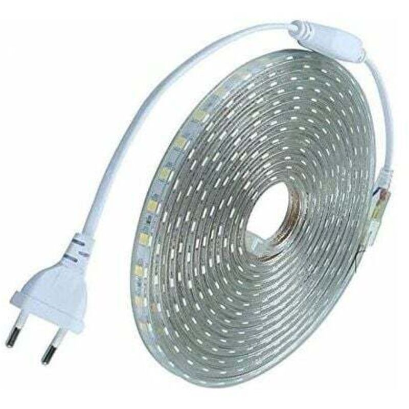 foto del prodotto kit completo striscia led 5 metri 220v silicone waterproof ip68 bianco freddo 6000 k smd5050 60led m non necessita di trasformatore larghezza 8mm