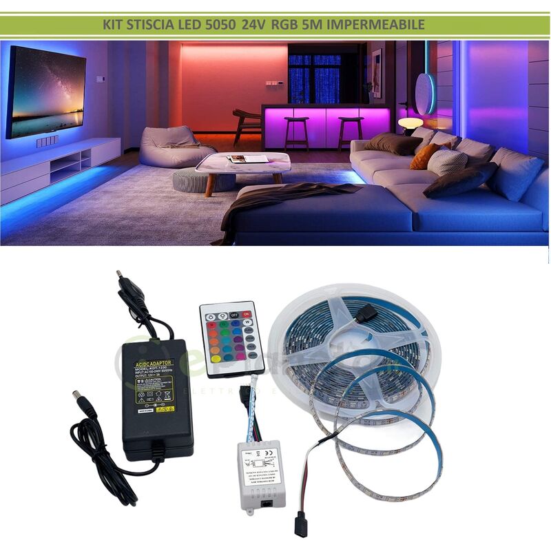 foto del prodotto kit completo striscia led rgb 5 metri 24v 16w 5050 con telecomando trasformatore strip impermeabile esterno