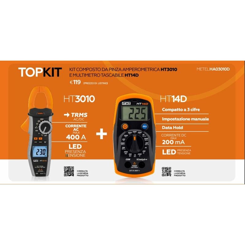 foto del prodotto kit composto da pinza amperometrica ht3010 e multimetro tascabile ht14d