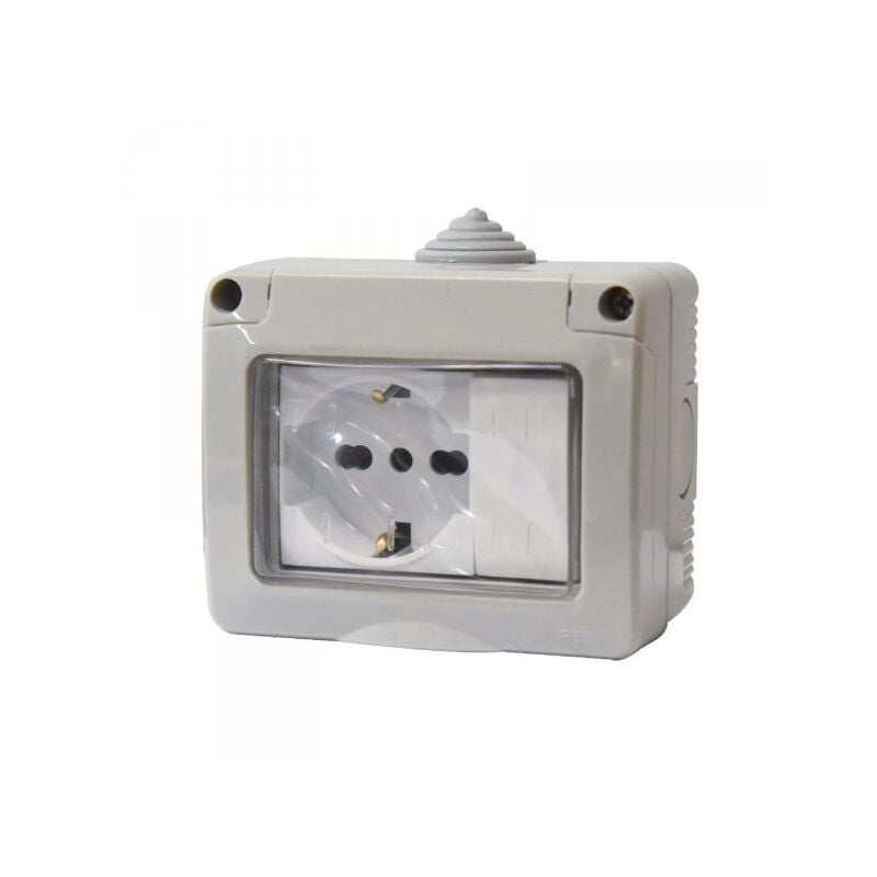foto del prodotto kit contenitore cassetta elettrica esterna 1 presa schuko universale 1 interruttore con coperchio stagno ip55, montaggio da parete esterno,omologato