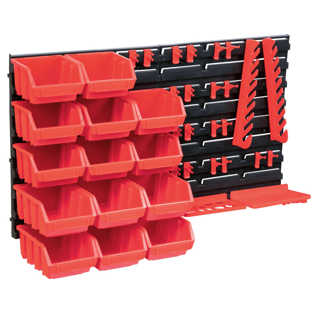 foto del prodotto kit contenitori portaoggetti e pannelli a parete 39 pezzi cassetta impilabile sistema di stoccaggio attrezzi garage officina fai da te rosso e nero 02 0003850