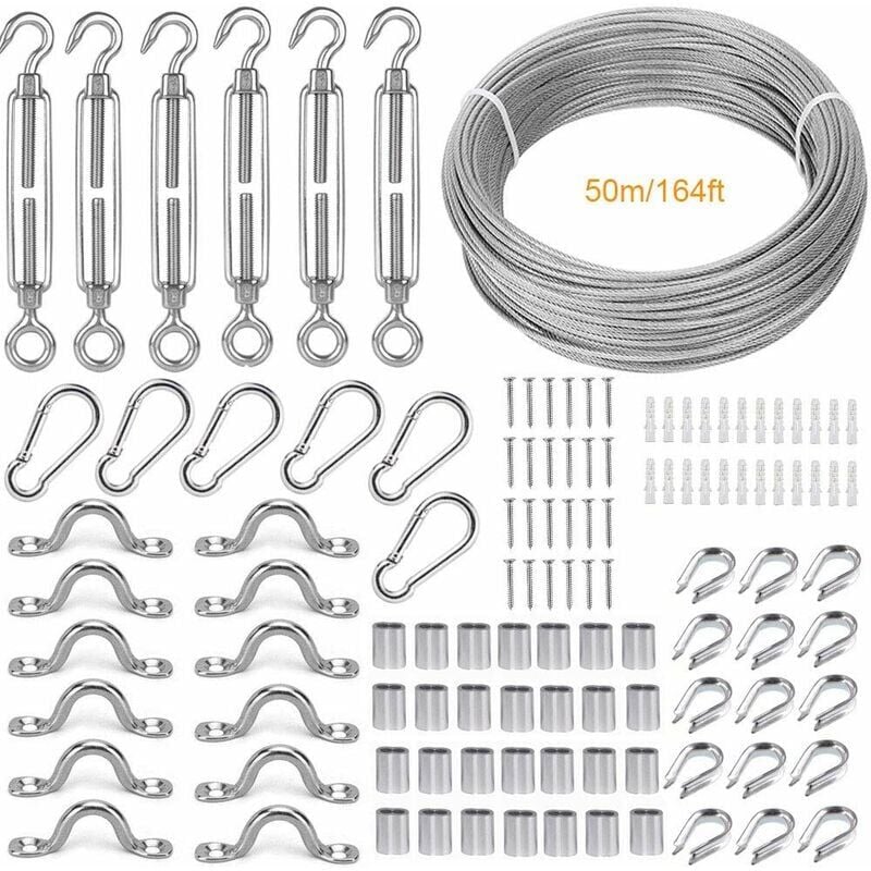 foto del prodotto kit corda sospesa in acciaio inossidabile, cavo in acciaio inossidabile rivestito da 50 m 2 mm, con tenditore m5 e gancio, accessori per cavi in