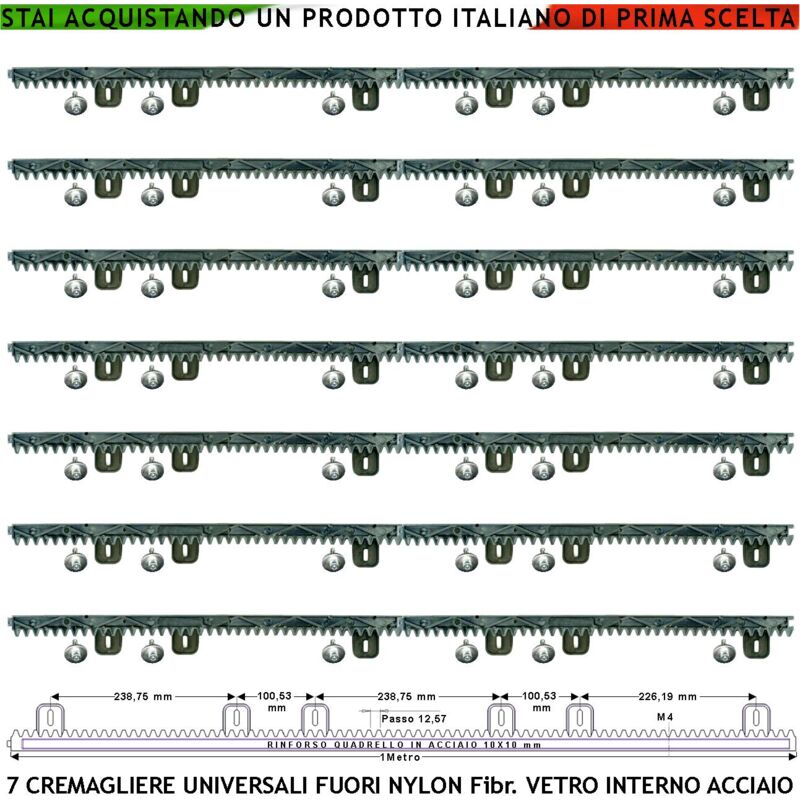 foto del prodotto kit cremagliera m4 antiusura universale sette pezzi da 1 mt in nylon antirumore interno acciaio portata garantita 6 q.li max 10 q.li 6 bulloni x