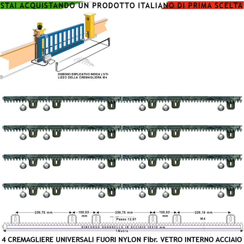 foto del prodotto kit cremagliera universale m4 antiusura 4 pezzi da 1 metro in nylon antirumore con anima in acciaio portata 6 q.li max 10 q.li 6 bulloni per metro