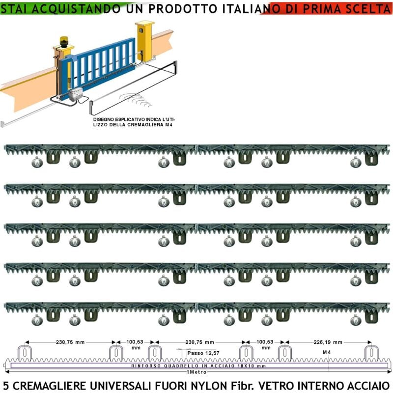 foto del prodotto kit cremagliera universale m4 antiusura cinque pezzi da 1 metro in nylon antirumore con anima in acciaio portata 6 q.li max 10 q.li 6 bulloni x metro